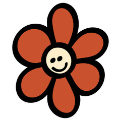 Smiley Daisy in 70s or 60s Retro Trippy Style. Smile Flower 1970 Icon. Seventies Groovy Flowers. Cartoon Character Hand Drawn Vector Illustration.