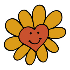 Smiley Daisy in 70s or 60s Retro Trippy Style. Smile Flower 1970 Icon. Seventies Groovy Flowers. Cartoon Character Hand Drawn Vector Illustration.