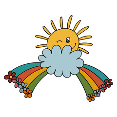 Rainbow with Flowers, Sun and Cloud in 70s or 60s Retro Trippy Style. Weather Funny 1970 Icon. Seventies Groovy Flowers. Cartoon Childish Hand Drawn Vector Illustration.
