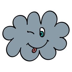 Smiley Cloud in 70s or 60s Retro Trippy Style. Smile Weather 1970 Icon. Seventies Groovy Flowers. Cartoon Character Hand Drawn Vector Illustration.