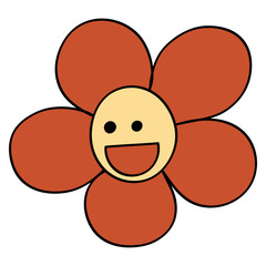 Smiley Daisy in 70s or 60s Retro Trippy Style. Smile Flower 1970 Icon. Seventies Groovy Flowers. Cartoon Character Hand Drawn Vector Illustration.