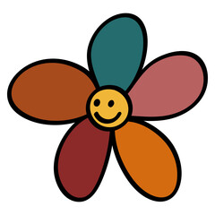 Smiley Daisy in 70s or 60s Retro Trippy Style. Smile Flower 1970 Icon. Seventies Groovy Flowers. Cartoon Character Hand Drawn Vector Illustration.