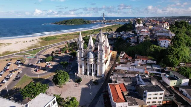 Aerial view of Ilheus, tourist town in Bahia. Historic city center with Catedral Sao Sebastiao.