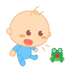 The baby wears a blue baby suit and tries to imitate sounds.