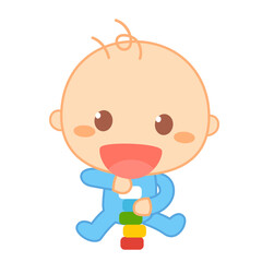 Baby wears a blue baby suit playing with toys. Cute baby milestone.