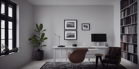 mock up poster frame in boho interior background, wooden living room design, Scandinavian style. Generative AI illustration