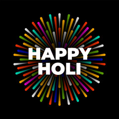 Happy Holi text with bright colorful cracker burst Logo, banner, Icon, Design, Sticker, Concept, Greeting Card, Template, Poster, Unit, Label, Web, Mnemonic. Indian festival of colors. Holika dahan.
