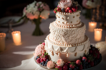 Obraz na płótnie Canvas wedding cake decorated with roses. generative AI