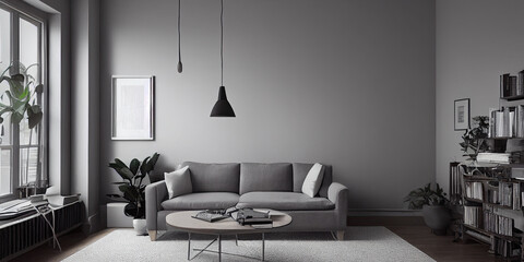 mock up poster frame in boho interior background, wooden living room design, Scandinavian style. Generative AI illustration