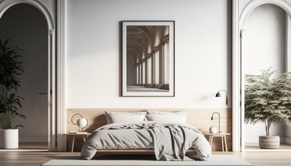 Modern bedroom interior in the morning. Elegant minimalist bedroom interior with a platform bed. Generative Ai