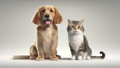 Fototapeta premium Cat and dog on pastel pink background. Portraits of beautiful lovely pets. cat and puppy. Beautiful portrait of adorable pets. Generative ai