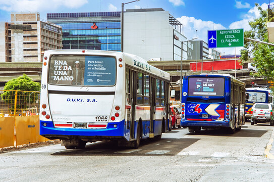 City bus with passengers on the street of Buenos Aires. Public transport. January 08, 2023 Buenos Aires, Argentina