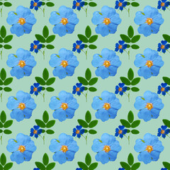 Briar, wild rose. Floral seamless pattern. Flowers motifs. Collage for textile, cotton fabric, dress. For wallpaper, covers, print. Interior decor. Design for paper, cards. For brochure, banners.