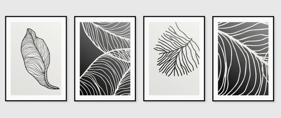 Abstract wall art background vector set. Botanical leaves drawing lines contour with black and white monochrome texture. Design illustration for home decoration, cover, poster, banner, wallpaper.