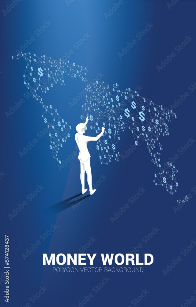 Poster silhouette man wear vr glasses with dollar icon from polygon dot connect line on the world. concept 