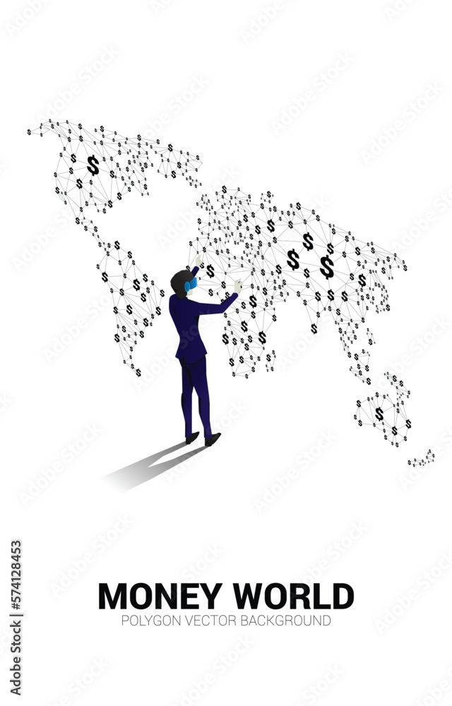 Aufkleber silhouette man wear vr glasses with dollar icon from polygon dot connect line on the world. concept 