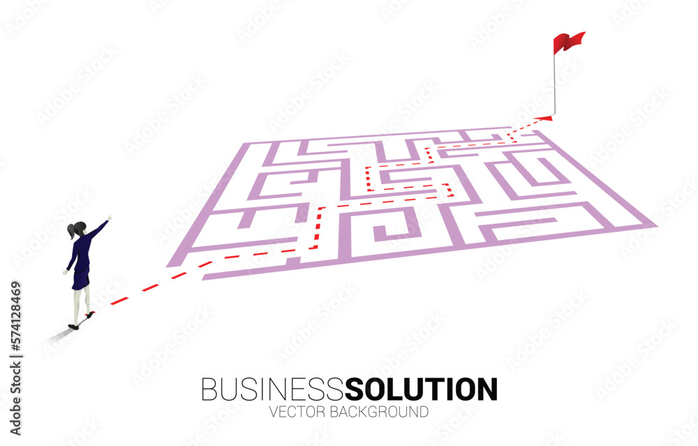 Poster Silhouette of businesswoman with route path to exit the maze. Business concept for problem solving and finding idea.