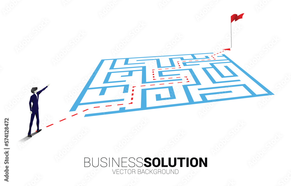 Aufkleber Silhouette of businessman with route path to exit the maze. Business concept for problem solving and finding idea.