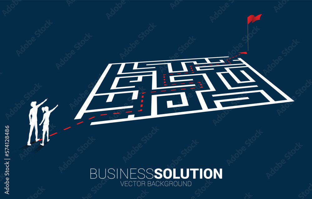 Aufkleber Silhouette of businessman and businesswoman with route path to exit the maze. Business concept for problem solving and finding idea.
