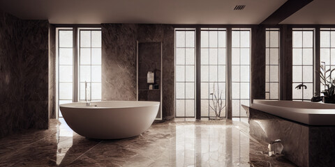 Fototapeta na wymiar Luxury bathroom with marble. Modern interior hotel or home design with clean and elegance space. Natural lighting window. Generative AI illustration