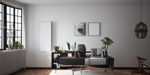 mock up poster frame in boho interior background, wooden living room design, Scandinavian style. Generative AI illustration