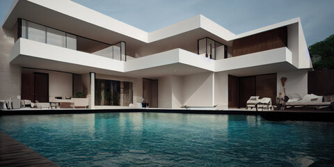 Fototapeta premium Luxury pool villa spectacular contemporary design digital art real estate , home, house and property, Generative AI illustration.