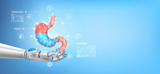 Stomach float away from in robot hand. Futuristic medical cybernetic robotics technology. Innovation artificial intelligence robot assist care health. With copy space for text. 3D Vector.