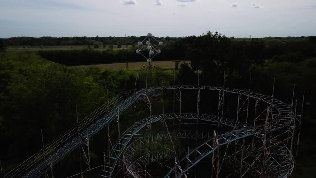 Establisher aerial view of abandoned LunaPark in Limbiate, Italy, circle pan