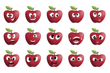 Apple's face with a variety of emotions. Cartoon character. Fruit Icon.
