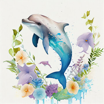 dolphin with flower watercolor created by artificial intelligence tools