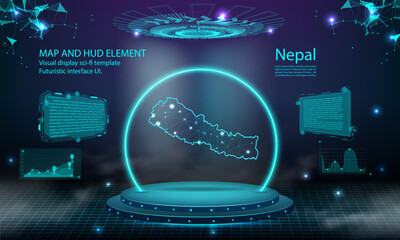 nepal map light connecting effect background. abstract digital technology UI, GUI, futuristic HUD Virtual Interface with nepal map. Stage futuristic podium in fog. - obrazy, fototapety, plakaty