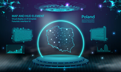 poland map light connecting effect background. abstract digital technology UI, GUI, futuristic HUD Virtual Interface with poland map. Stage futuristic podium in fog.