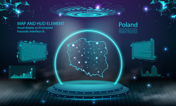 Fototapeta poland map light connecting effect background. abstract digital technology UI, GUI, futuristic HUD Virtual Interface with poland map. Stage futuristic podium in fog.