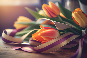 Ribbon and tulip flowers background with copy space International Women's Day celebration. Generative AI