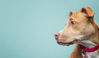 Cute puppy head shot on blue background. Side profile of puppy dog looking at something curious...