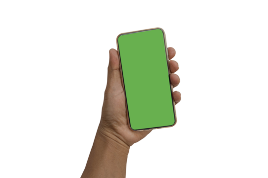 Man hand holding green screen smartphone. (PNG)