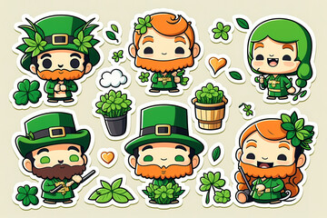 Colorful Saint Patrick day cute stickers collection set on isolated background. Cute Irish holiday symbols and elements collection. Generative Ai