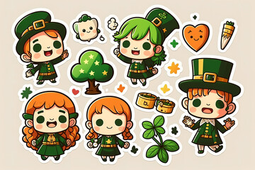 Colorful Saint Patrick day cute stickers collection set on isolated background. Cute Irish holiday symbols and elements collection. Generative Ai