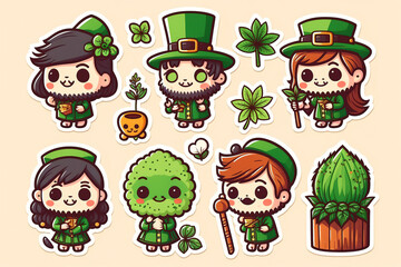Fototapeta premium Colorful Saint Patrick day cute stickers collection set on isolated background. Cute Irish holiday symbols and elements collection. Generative Ai