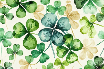 Saint Patrick day illustration pattern with green clover leaves. Repeating pattern in watercolor drawing suitable for St Patricks Day. Generative Ai