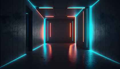 Inside a Dark Empty Room with Glowing Laser Lines, Technology background