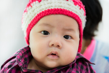 close up of cute asia baby, asia baby boy, happy baby at home