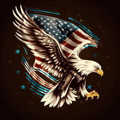 eagle and USA flag national poster. American Bald Eagle - a symbol of America with flag. Bald eagle on american flag background created. Generative AI