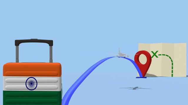 Animation Airline with location marker and suitcase. Travel to  - India