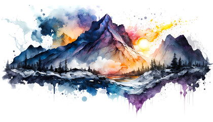 Obraz na płótnie Canvas Detailed watercolor sci-fi landscape. Abstract beautiful and intricate watercolor background. Pure white background. AI generative.