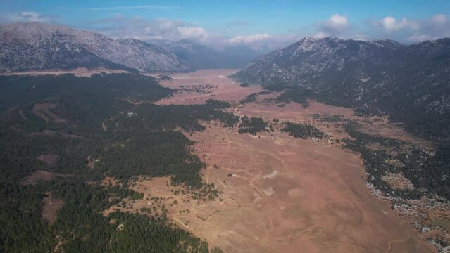 High altitude aerial view of vast landscape in Eynif Han Turkey Ibradi Akseki