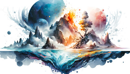 Detailed watercolor sci-fi landscape. Abstract beautiful and intricate watercolor background. Pure white background. AI generative.