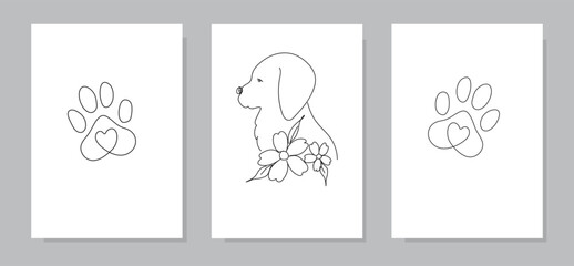 Dog line art set, cute dog line at, dog paw line art.