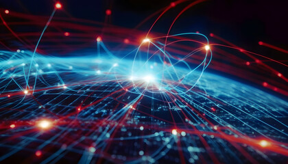 Technology background with abstract digital code motion. Abstract high-tech blue neon background for communication concept with digital flow in a matrix. Generative AI