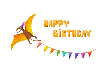 Happy birthday dinosaur with festive flags, funny cartoon character illustration. Cute pterodactyl dino in party hat with holiday garland. Watercolor celebration card design    © zzorik